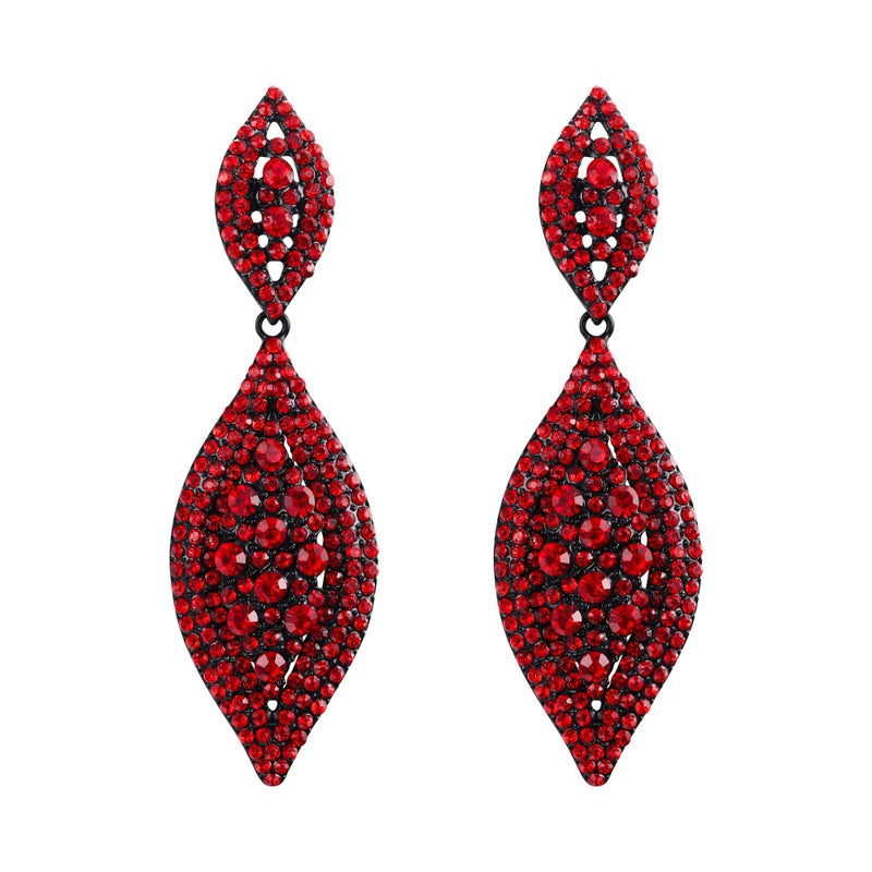 Flyonce Women's Rhinestone Crystal Wedding Bridal 2 Leaf Drop Dangle Chandelier Earrings Large Big Long Statement Earring Jewelry for Cocktail Prom Party Red Black-Tone 3.3" - Image 1